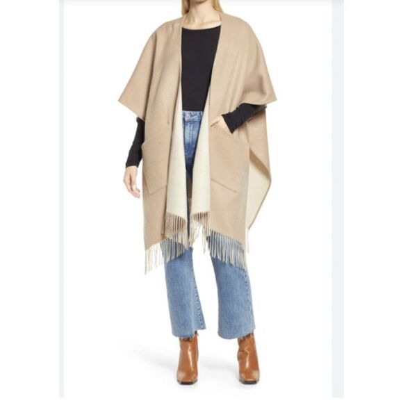 New Nordstrom Reversible Wool & Cashmere Ruana Poncho Beige One Size - Picture 4 of 4